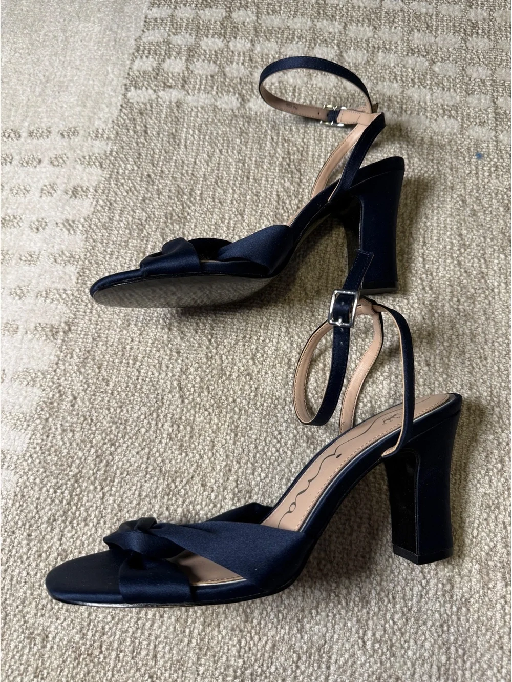 Nina Navy Satin Ankle Strap Block Heel Sandals